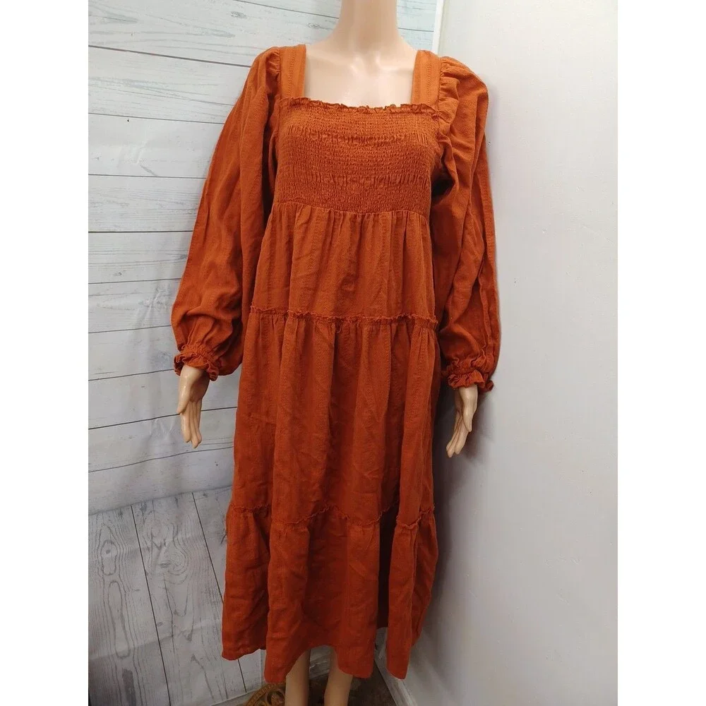 Square Neck Tiered Rust Orange Dress Sz M Long Sleeve Boho Distressed - Picture 1 of 6